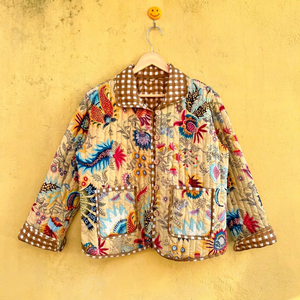 Women's Quilted Cotton <b>Jacket</b> Floral Print Turn-down Collar Full <b>Sleeve</b> <b>Short</b> Autumn Style Patch Pocket - Product Image 1