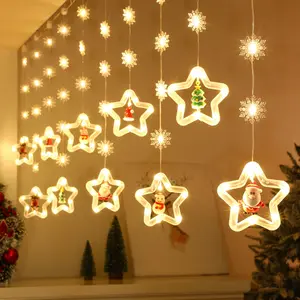 Рождественские декоративные огни, гирлянда-занавеска в виде пентаграммы, светодиодные фонари, огни в виде снеговика, Санта-Клауса