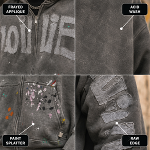 Felpa con Cappuccio Personalizzata in Pile Pesante 400GSM con Zip Intera, Applicazioni Sfrangiate e Schizzi di Vernice, Stile Streetwear da <span class=keywords><strong>Uomo</strong></span> - Product Image 2