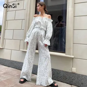 QINSI Slash Neck Crop Tops Sexy Women Nightwear Flower Print High Waist Sleepwear Cotton Petal Long Sleeve Women's Suit