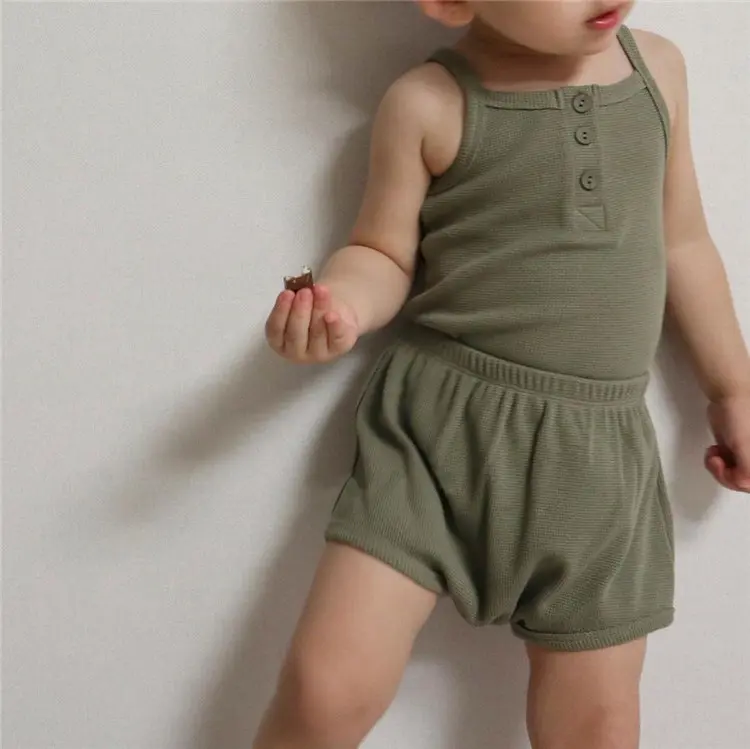 2022 baby waffle set clothing summer Sling boy and girl clothes set suit pajamas cotton bodysuit Wholesale kids wear