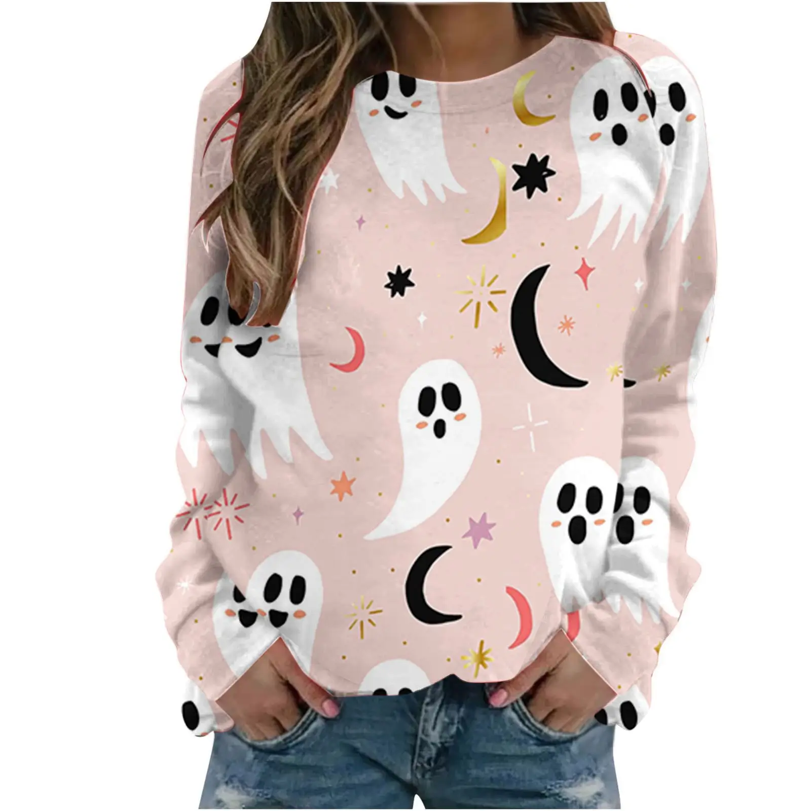 Polyester Breathable T-Shirt For Women Spooky Little Ghost Bat Customice Designed Tee For Halloween Wholesale Crew-Neck T-Shirts