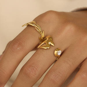 Hot verkopende vogelringen blad kristal strass ring open PVD 18K verguld roestvrijstalen ring voor vrouwen - Product Image 5