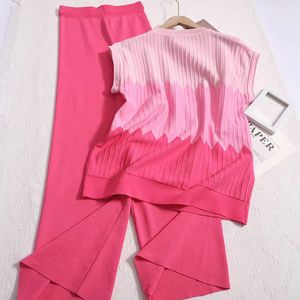Ensemble décontracté 2 pièces pour <span class=keywords><strong>femme</strong></span> : haut tricoté à manches courtes et pantalon long, dégradé de couleurs, idéal pour le quotidien - Product Image 2