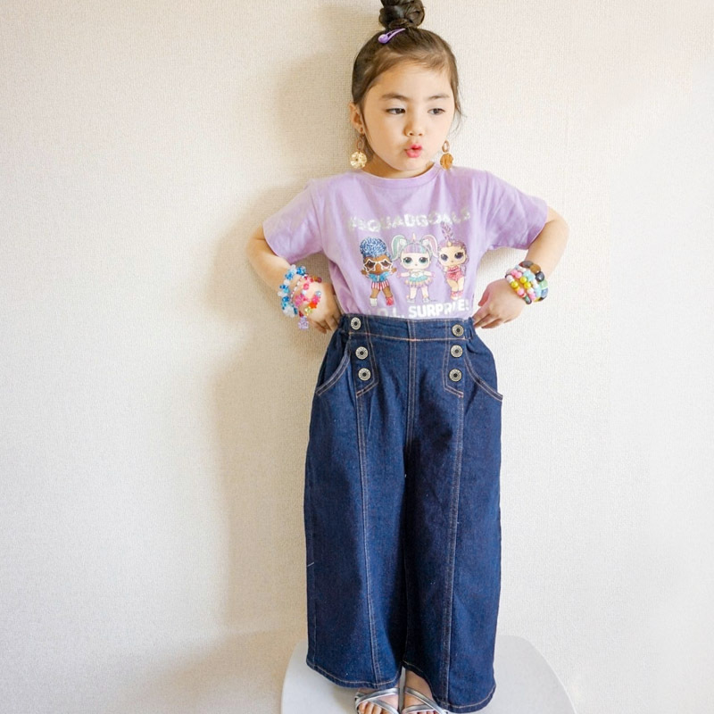 2021新款儿童女孩蓝色牛仔裤可爱双排扣宽腿休闲牛仔裤适合幼儿2-7t