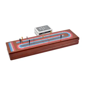 Cribbage Board Game, Classic 3 Track Board with 9 Cribbage Pegs Playing Cards and Storage Area, Foldable Wooden Board Game