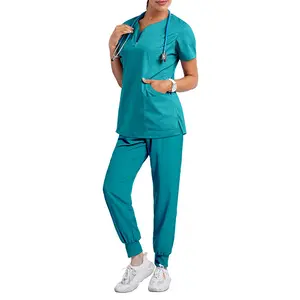 ファッションデザイン洗える女性柔らかい生地無地Vネック看護スクラブ病院看護師制服スクラブストレッチジョガーセット