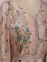 Style décontracté col en V manches longues perle fleur décoration 3d paillettes fleur abaya