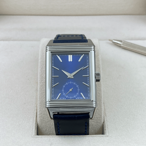 Montre mécanique rectangulaire Art Déco, boîtier en acier poli, cadran bleu, bracelet en cuir véritable, petite seconde, complication - Product Image 2