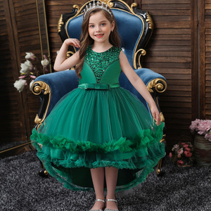 Girls' Green Tulle Princess Dress With <b>Sequin</b> Bodice And Bow Belt For Stage Performance - Product Image 1