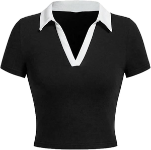 Black Jersey <b>Polo</b> <b>Crop</b> <b>Top</b> Women Custom Logo Short Sleeve Contrast Collar OEM ODM Casual Fashion <b>Top</b> - Product Image 2