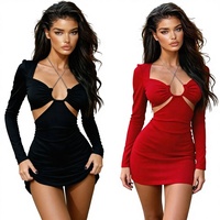 Robe crayon sexy à manches longues et col carré, avec chaîne métallique, couleur unie, extensible, mini, tricotée, anti-plis, éco-responsable, pour l'automne