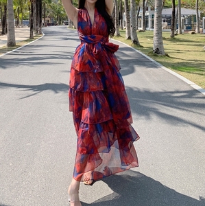 Vestido de estilo coreano con espalda abierta y cuello en V, lazo en la cintura, vacaciones en la playa, capa por capa, volantes, dobladillo grande - Product Image 2