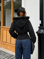 Sweat-shirt à capuche pour femme, style rétro Y2K, col en fourrure, patchwork, avec poche, fausse fourrure, noir