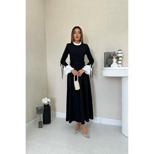 Robe de soirée élégante noire coupe trapèze avec manches plissées, taille naturelle, manches longues, tenue de cérémonie - Product Image 5