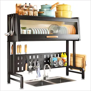 Dish and Bowl Storage Rack Kitchen Sink Cabinet Organizer Accessories Full Cover Anti Dust Metal Kitchen Draining Shelf
