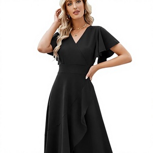 Vestidos Largos de Cachemira Negros para Mujer, Vestidos de Noche Elegantes con Abertura, Cuello en V, Volantes, para Fiesta, Cóctel, Invitada de <span class=keywords><strong>Boda</strong></span> - Product Image 1