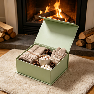 Caja de Regalo Acogedora Sage con Bufanda de Punto Color Taupe, Manoplas, Malvaviscos de Cacao, Piñas y Embalaje Temático de Chimenea, Set de Regalo Plegable al por Mayor - Product Image 1