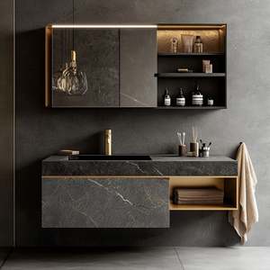 Modern European Antique Classic Bathroom <b>Vanity</b> with LED <b>Mirror</b> Custom Countertop Marble Slate Hotels Classic Bathroom Furniture - Product Image 1