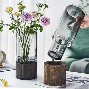 Kreative Glasvase für Herzstück Runde Glasvase mit Holz sockel Glas blumenvasen für Hochzeiten Hohes Herzstück