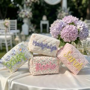Custom Crochet Floral <b>Quilted</b> Classic Cotton <b>Makeup</b> <b>Bag</b> Personalized Chenille Name Travel Toiletry Pouch Zipper Organizer - Product Image 5