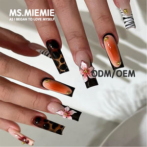 Ms.Miemie 24PCs ABS 3D Estampado de leopardo <span class=keywords><strong>Flores</strong></span> Puntos borrosos Prensa <span class=keywords><strong>en</strong></span> las <span class=keywords><strong>uñas</strong></span> Ataúdes extra largos Estilo de diseño reutilizable al por mayor - Product Image 1