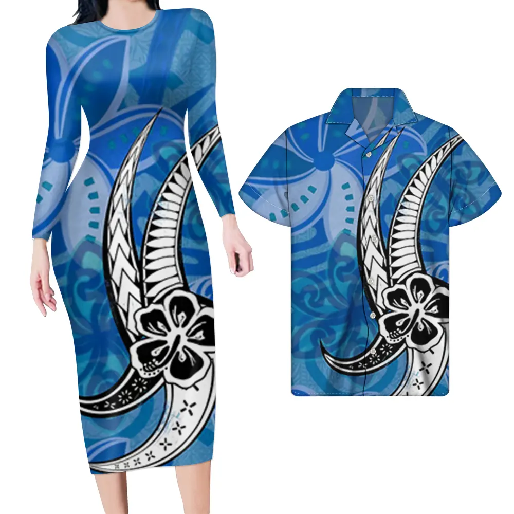 Baju Pasangan Desain Suku Amida Polynesian Ukuran Besar Kasual Tren Gaun & Kemeja Pasangan Baju Fashion Biru