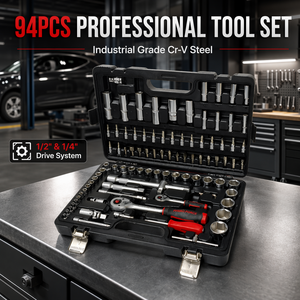Set di chiavi a bussola CR-V da 94 pezzi con cricchetto da 1/4 e 1/2 pollici, bussole profonde, bussole per candele e inserti Torx per riparazioni auto e moto - Product Image 1