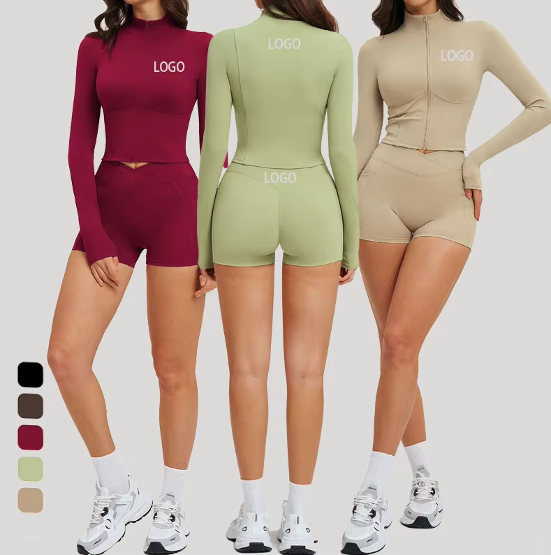 Women Yoga 7-piece Set Stand Collar Full Zip Crossover Waist Leggings Front Feel Butt Lift Gym Fitness Activewear