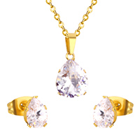 Parure de bijoux de mariage pour femme : Collier et boucles d'oreilles en acier inoxydable avec diamant rond à six griffes et zircone cubique AAA, pierres de naissance