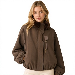Blouson marron pour femme avec bordure en fourrure, fermeture éclair, coupe-vent, manteau d'hiver, manches longues, design épaules tombantes, veste en cuir - Product Image 1