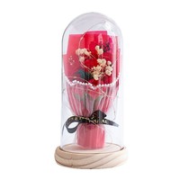 Bouquet de fleurs éternelles faites à la main pour la Saint-Valentin, 7 roses et gypsophile, fleurs séchées sous cloche en verre, lumière chaude, bois naturel, pour couple
