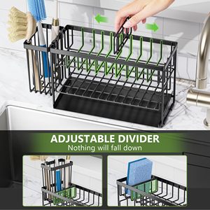 Étagère de rangement pour évier de <span class=keywords><strong>cuisine</strong></span> en métal à 2 niveaux avec supports flexibles pour brosse à vaisselle et éponge pour le rangement sur le comptoir - Product Image 4