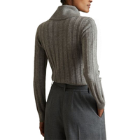 Großhandel Maßgefertigter Luxuriöser Extra Weicher Langarm-Pullover mit Polokragen Grauer Grob Gerippter 100% Wolle-Kaschmir Strickpullover für Damen