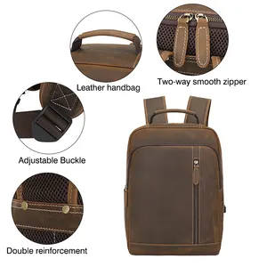 Mochila masculina de couro legítimo, mochila masculina retrô vintage feita em couro legítimo com entrada para carregador usb
