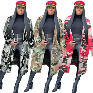 Outono inverno camuflagem impressão mid-length trincheira moda casual mulheres casaco S3882