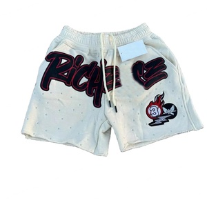 New Fashion Custom Distressed Embroidery Puff Print Logo Acid Wahed Vintage Sun Fade Cotton Terry Men Shorts With Rhinestone - Product Image 5