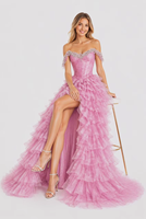 Robe de soirée rose à épaules dénudées ornée de diamants, haute couture, en tulle scintillant, à volants, pour le bal et les événements.