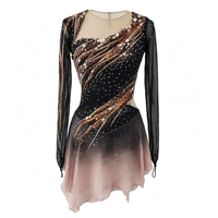 Costume de patinage artistique pour enfants et adultes, robe en maille à manches longues dégradé noir et rose avec strass pour spectacle sur glace