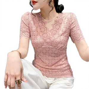 Camiseta de Punto Transpirable con Cuello Redondo y Encaje, Estilo Coreano, Corte Regular, Manga Corta, para Mujer, Primavera-Verano - Product Image 4