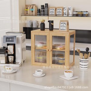 Boîte à pain en bambou à double porte avec vitrine en verre, rangement alimentaire pour cuisine, pour toasts, fruits, légumes et assaisonnements - Product Image 2