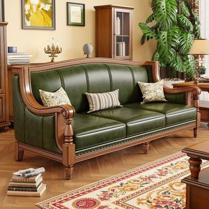 Genuine Leather Sofa Green Italian Style Solid Wood Frame Living Room Furniture - Product Image 3