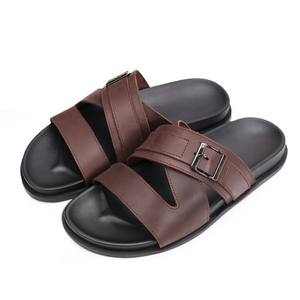 Summer Genuine Leather men's shoes Open Toe Anti-Slip EVA Outsole Casual flat Sandals Brown Buckle Design Men's Slides <b>Slippers</b> - Product Image 3