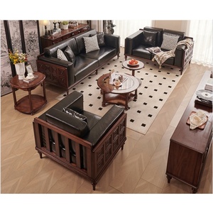 Bộ ghế <span class=keywords><strong>sofa</strong></span> gỗ nguyên khối thiết kế cổ điển, đệm da thật mềm mại, ghế đơn/đôi/ba chỗ ngồi cho phòng khách - Product Image 1