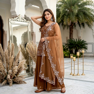 Women's <b>Brown</b> Georgette Maxi A-Line Salwar Kameez Sharara <b>Suit</b> Embroidered Organza Dupatta Reversible Traditional Party Wedding - Product Image 1