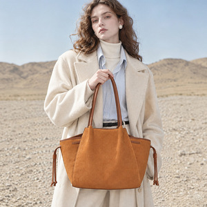 Custom Logo Suede Women's Tote Bag Vintage Drawstring Hobos Shoulder Bag for Women genuine leather Casual Ladies tote bag - Product Image 3