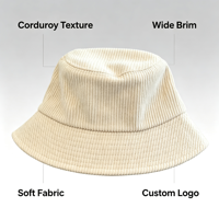 Casquette de pêcheur en velours côtelé avec broderie personnalisée, logo sur un côté, couleur unie, pour l'automne et l'hiver, tenue décontractée en plein air