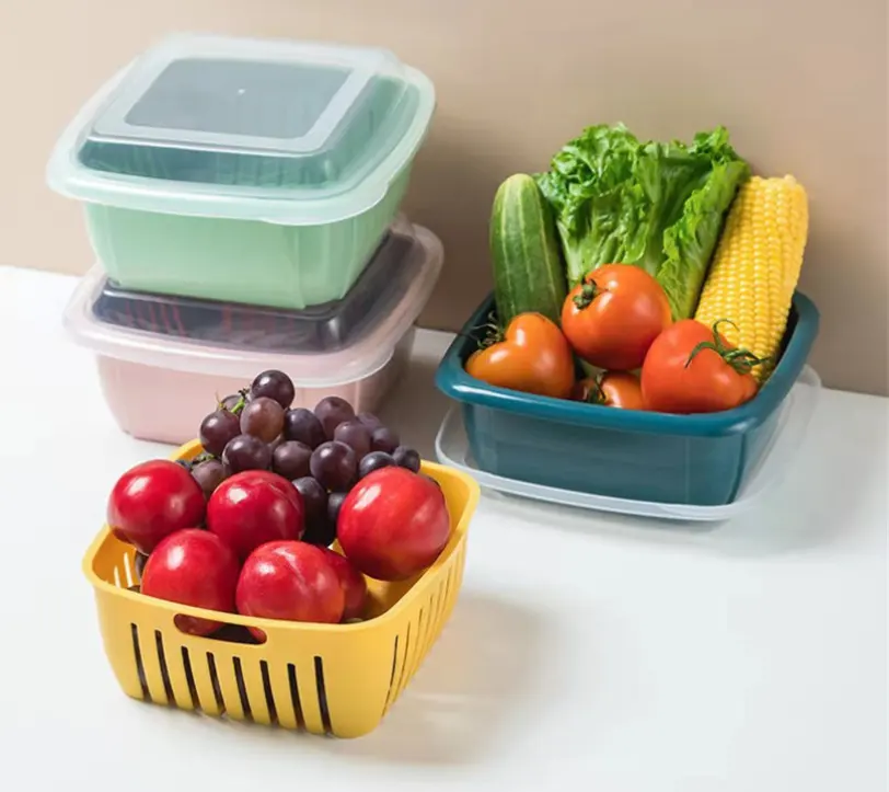 Keranjang Pengering Plastik Multifungsi, Keranjang Penyimpanan Dapur Sayuran dan Buah Lapisan Ganda Grosir
