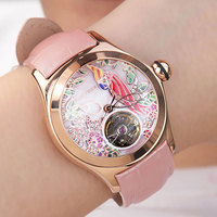 Montre mécanique Reef Tiger de luxe pour femme, cadran rose, bracelet en cuir, montre tendance en or rose, RGA7105