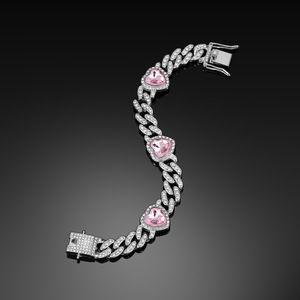 热销金银金属色镀金镶钻合金嘻哈12毫米宽古巴链心形手链 - Product Image 2